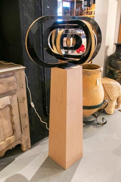 Modern Wooden Sculpture with Black Lacquered Movement with Base