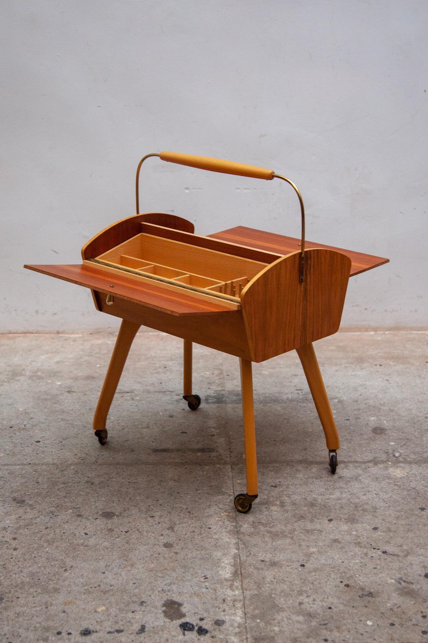 1960s wooden sewing box on legs