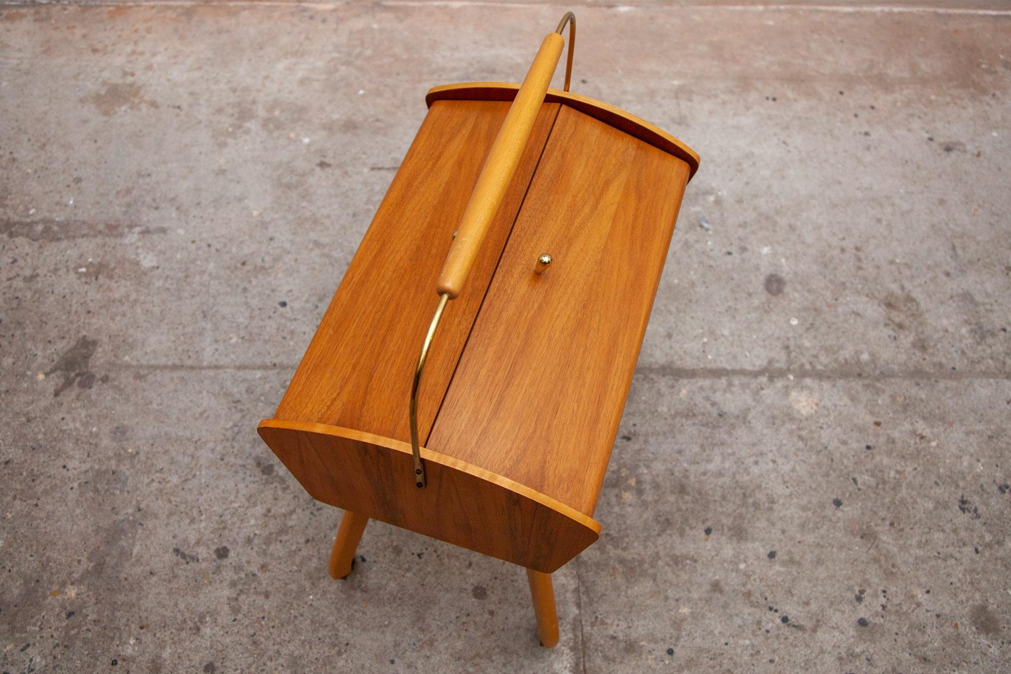 Brass Modern Wooden Sewing Box, Side Table with Storage, Germany, 1960s For Sale