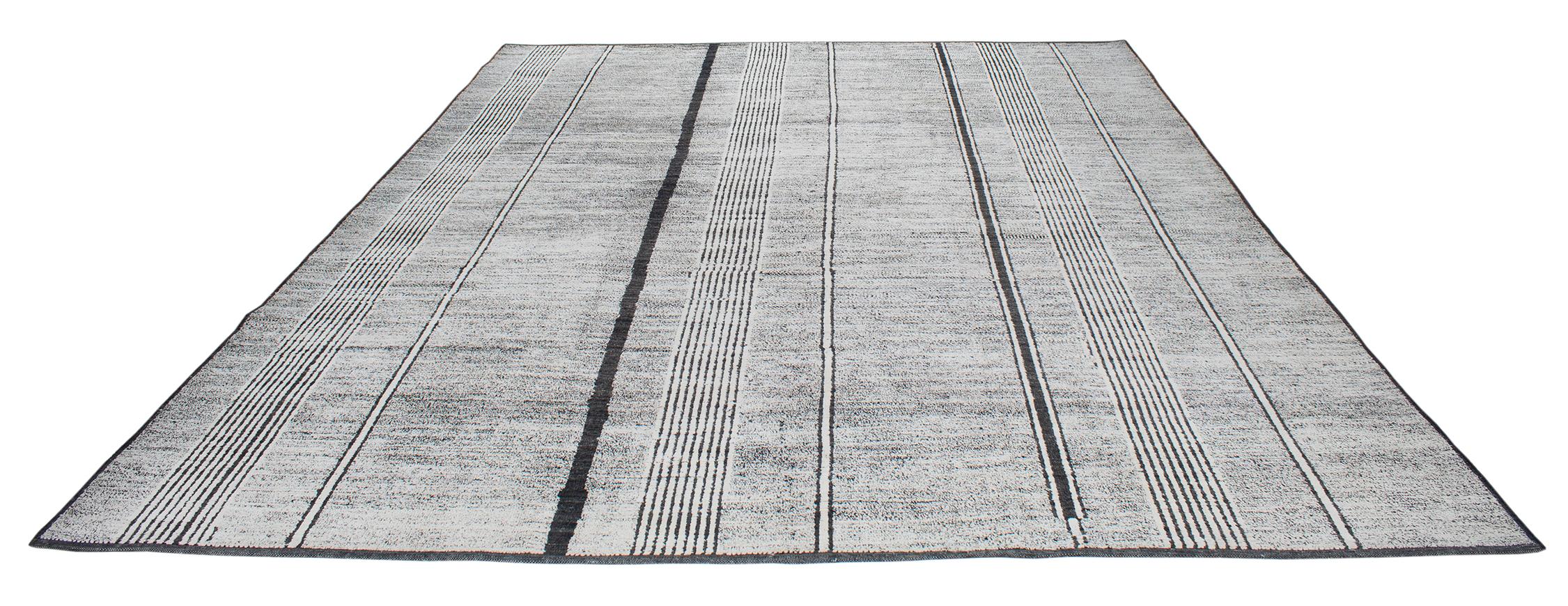 Afghan Modern Wool and Cotton Minimalist Rug in Grey with Black & White Stripes For Sale