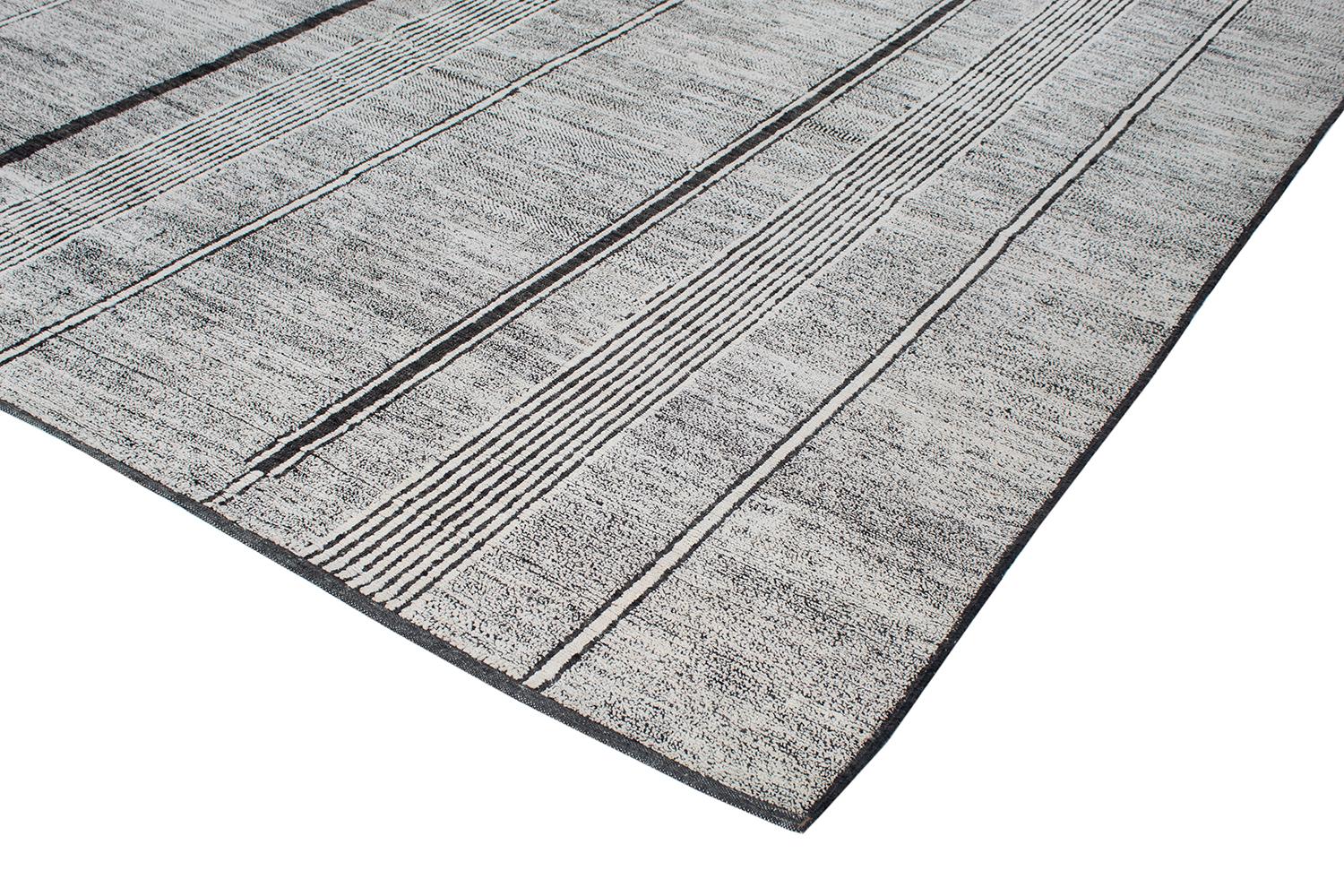 Hand-Knotted Modern Wool and Cotton Minimalist Rug in Grey with Black & White Stripes For Sale