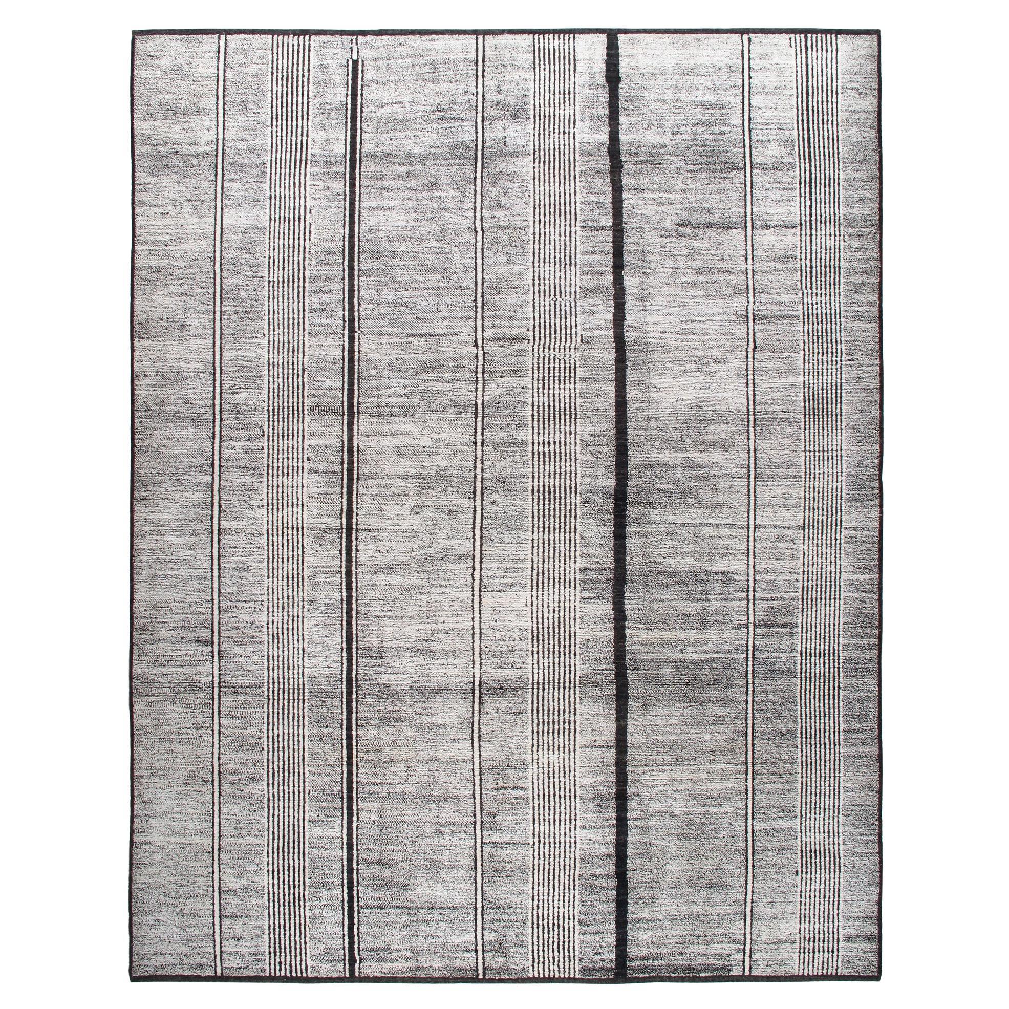 Modern Wool and Cotton Minimalist Rug in Grey with Black & White Stripes