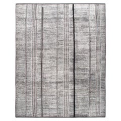 Tapis moderne minimaliste en laine et coton gris à rayures noires et blanches