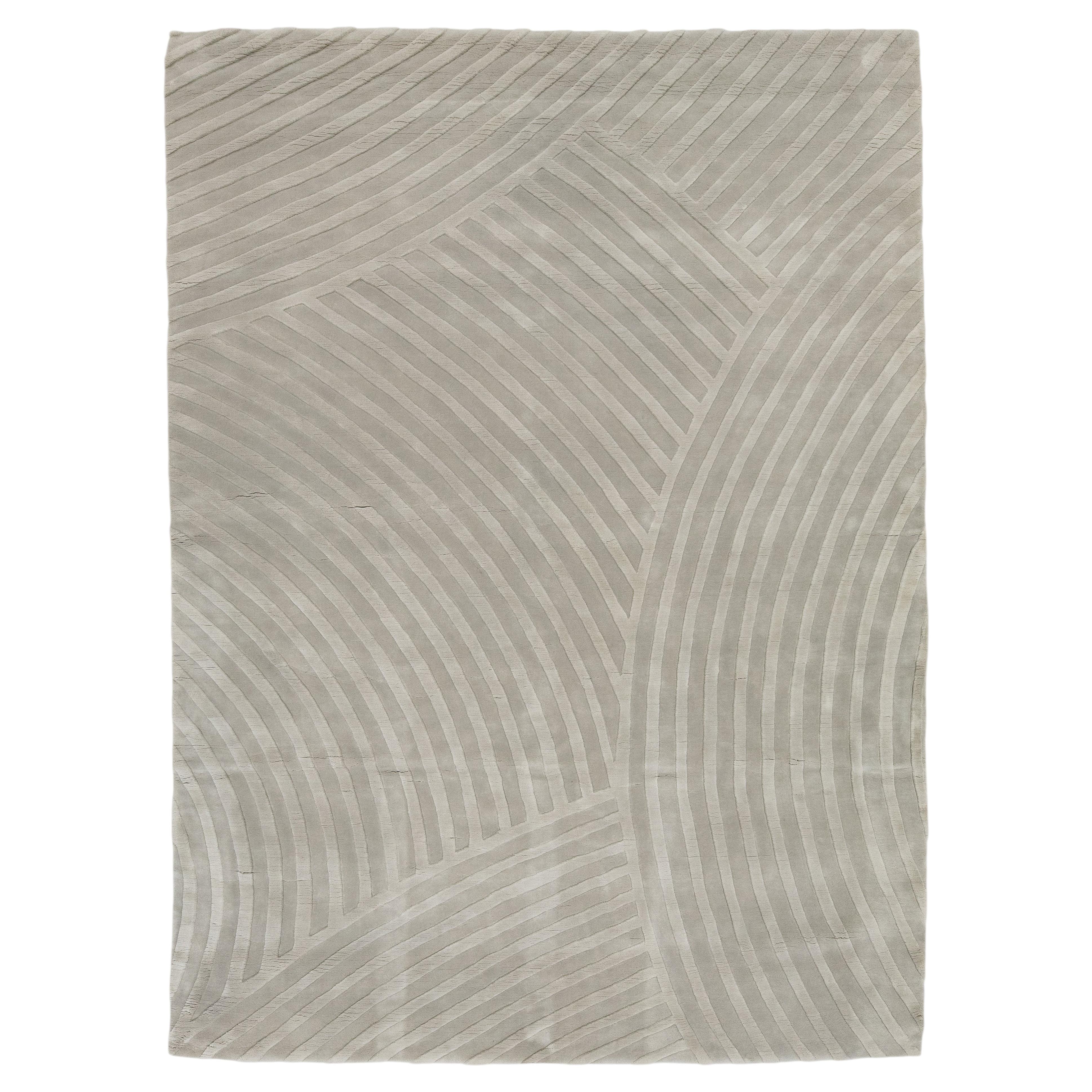 Modern Wool Area Rug with Architectural Linear Relief Pattern in Soft Gray