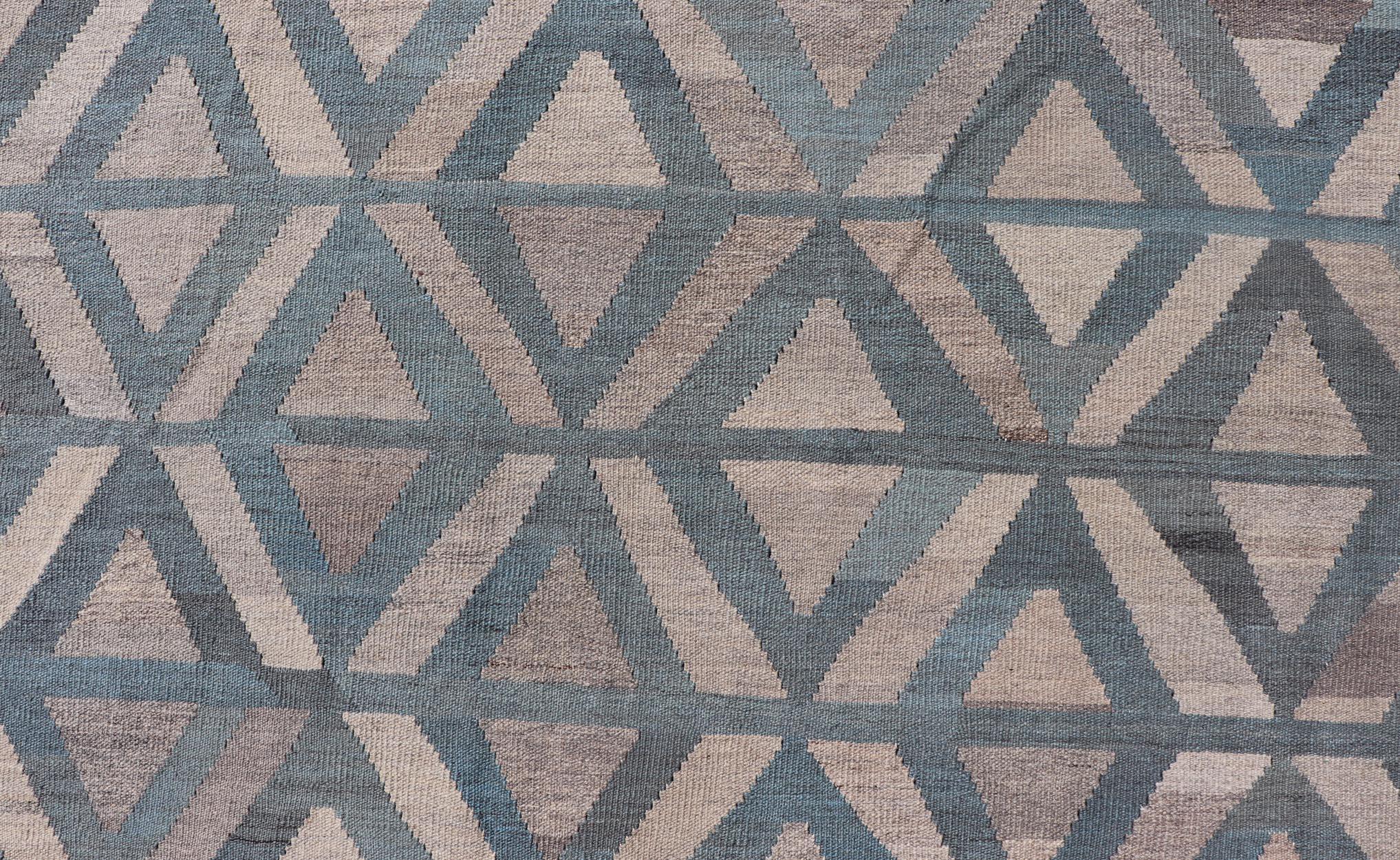 Modern Wool Kilim with Geometric Diamond Pattern in Blue Tones For Sale 5