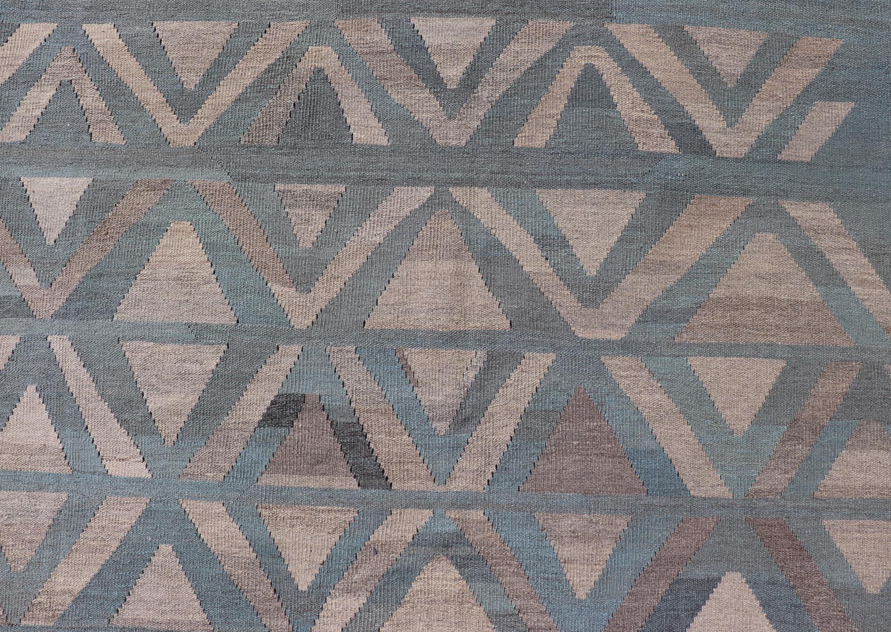 Modern Wool Kilim with Geometric Diamond Pattern in Blue Tones For Sale 6