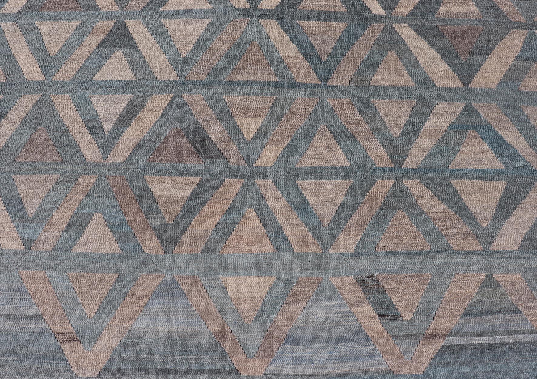 Afghan Modern Wool Kilim with Geometric Diamond Pattern in Blue Tones For Sale