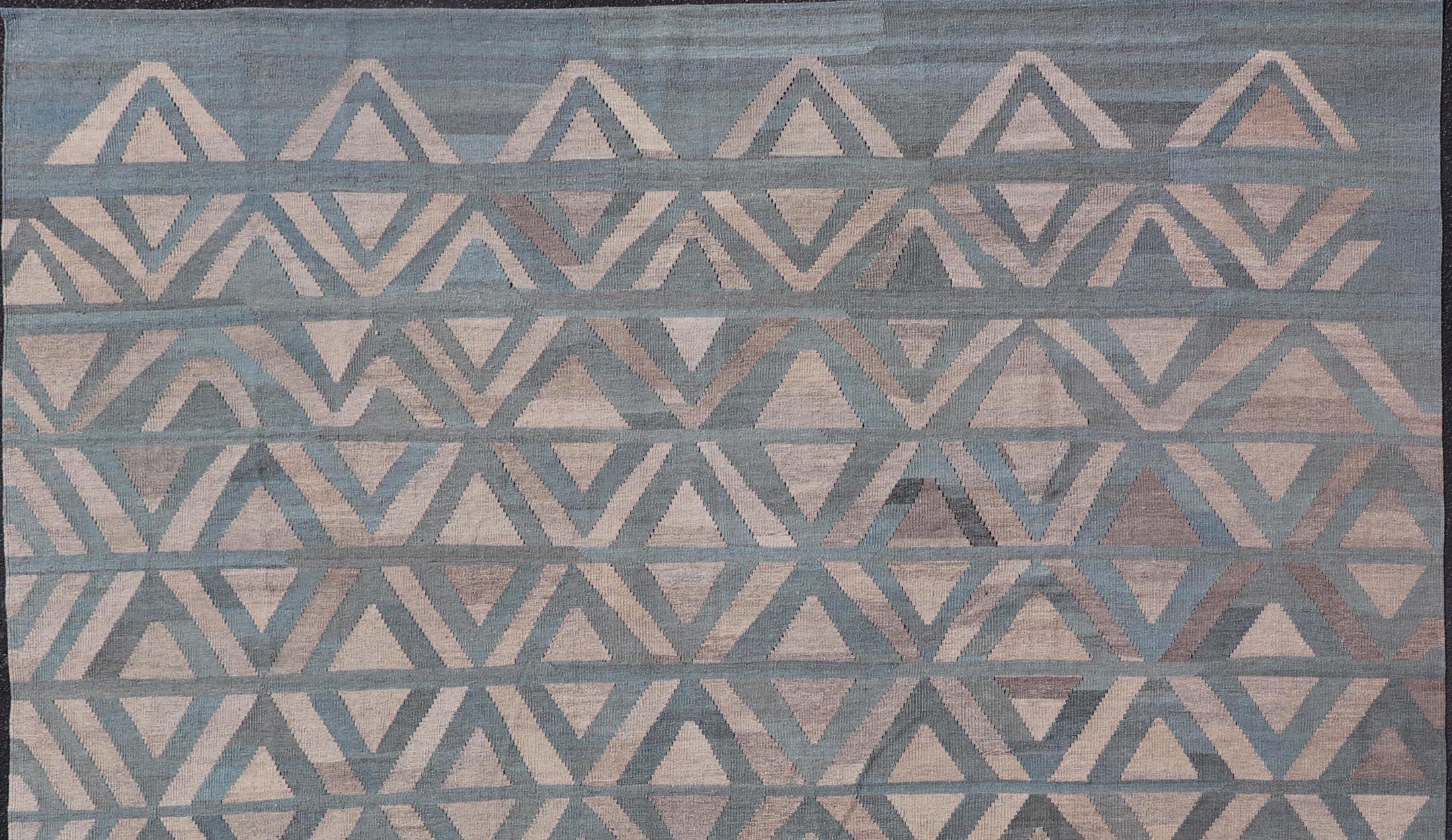 Hand-Woven Modern Wool Kilim with Geometric Diamond Pattern in Blue Tones For Sale