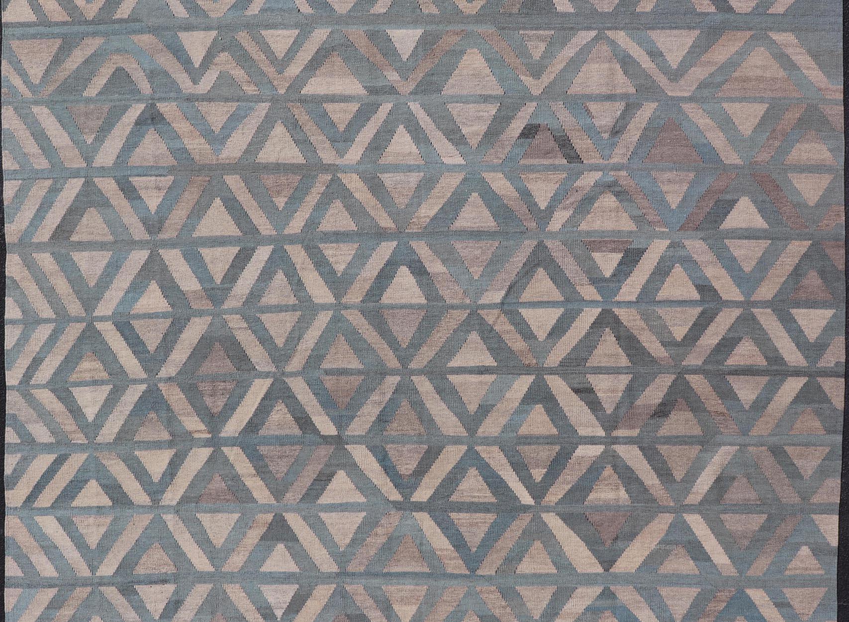 Modern Wool Kilim with Geometric Diamond Pattern in Blue Tones In Excellent Condition For Sale In Atlanta, GA