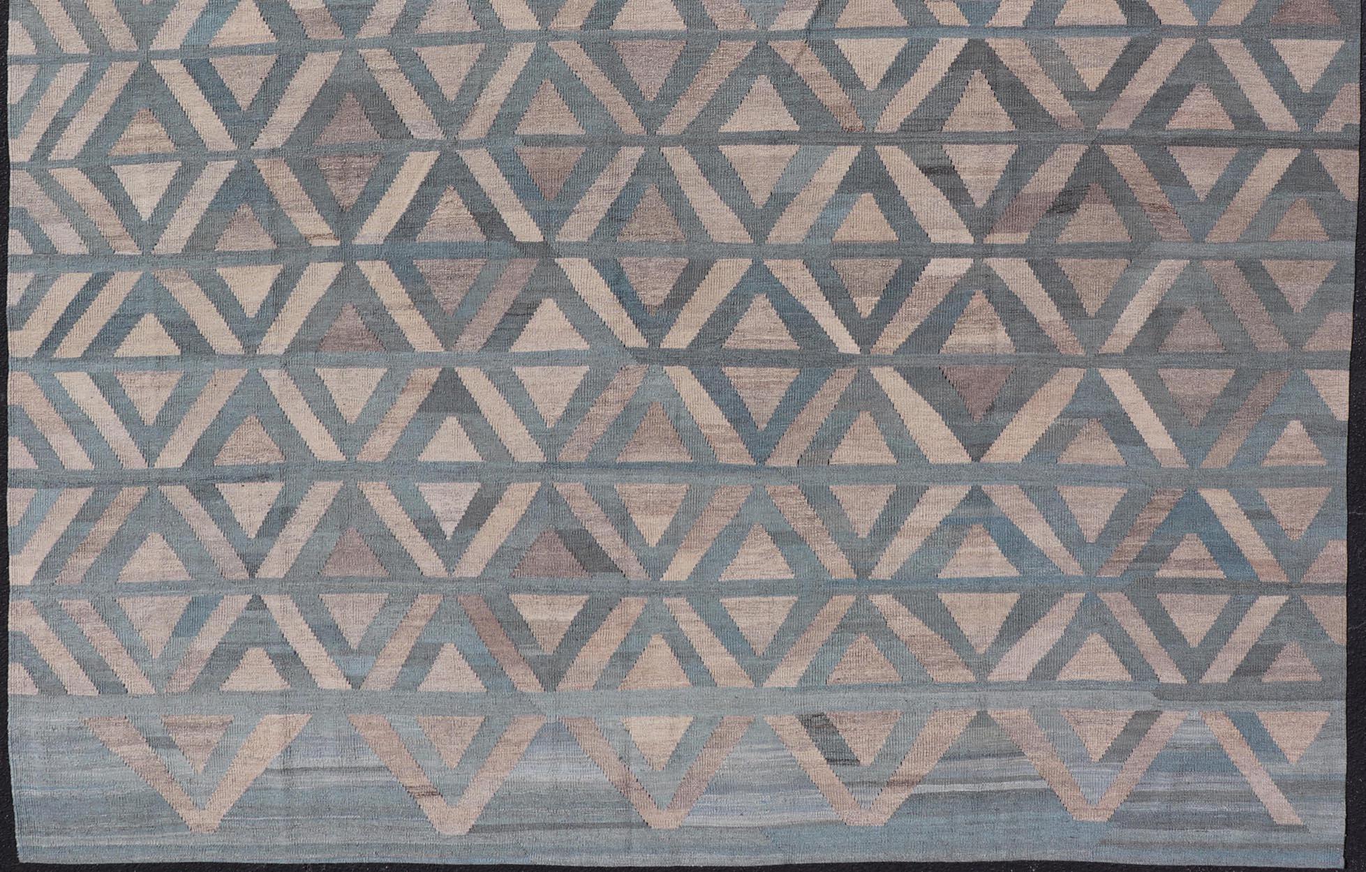 Contemporary Modern Wool Kilim with Geometric Diamond Pattern in Blue Tones For Sale
