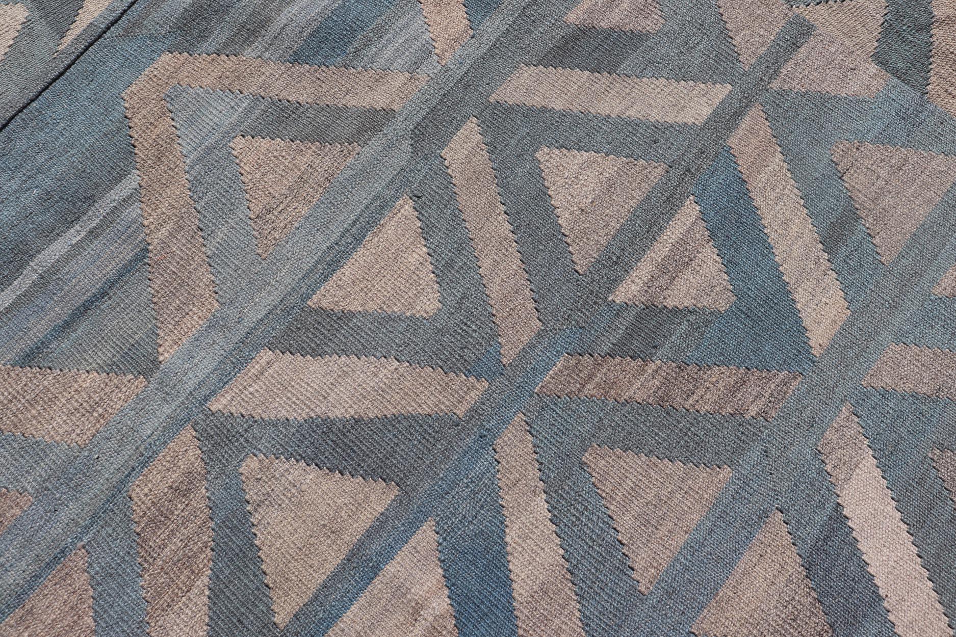 Modern Wool Kilim with Geometric Diamond Pattern in Blue Tones For Sale 1