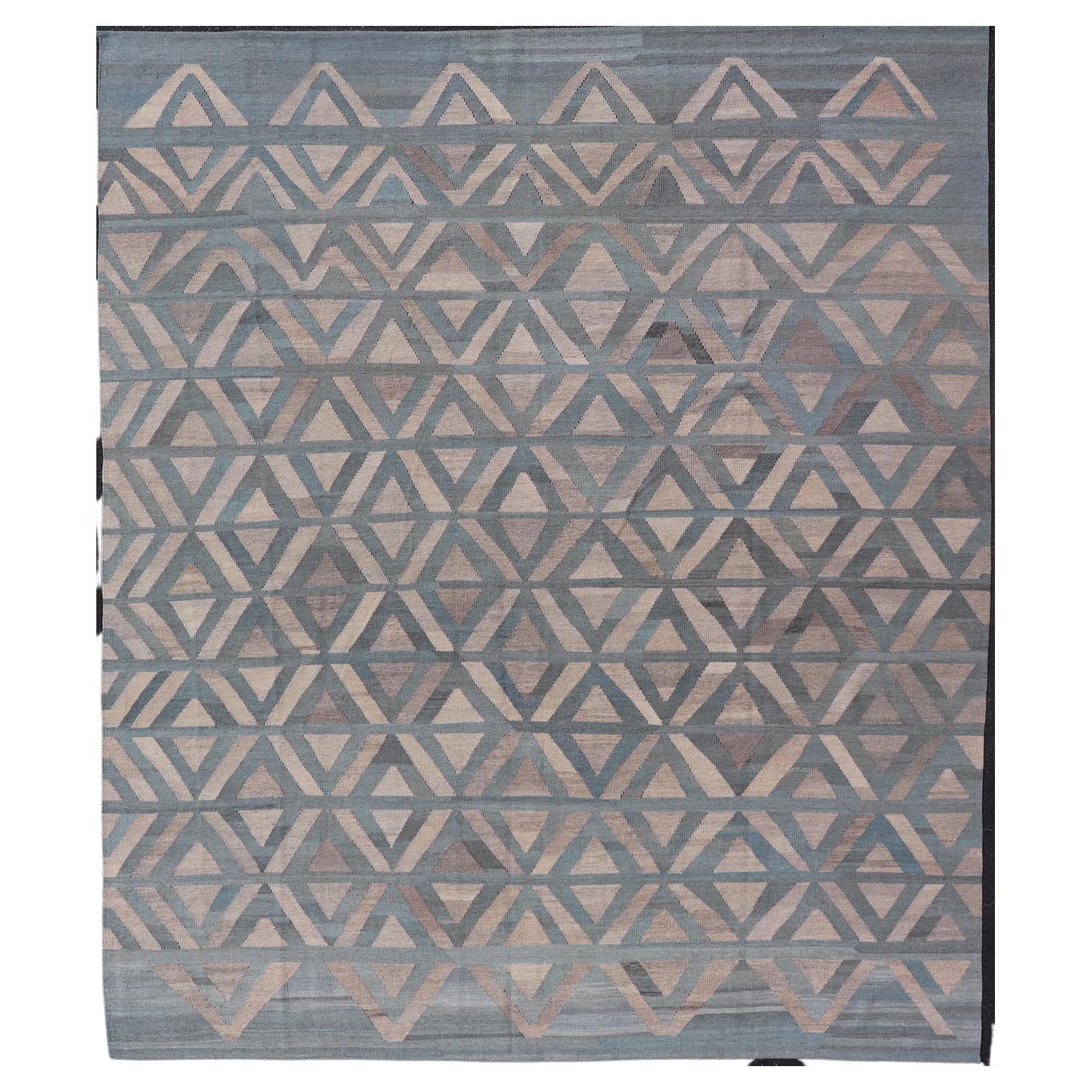 Modern Wool Kilim with Geometric Diamond Pattern in Blue Tones For Sale