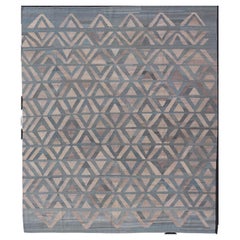 Modern Wool Kilim with Geometric Diamond Pattern in Blue Tones
