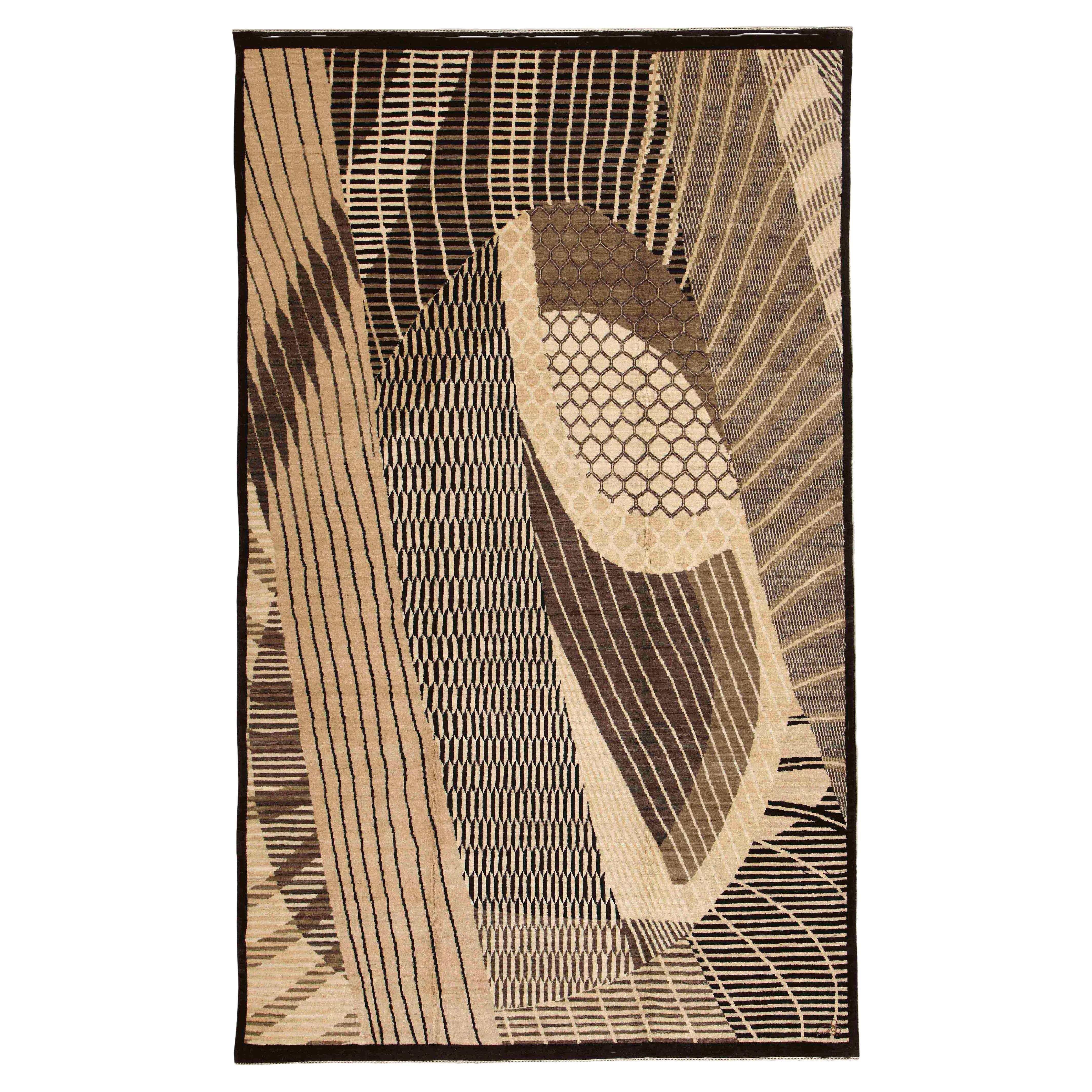 Tappeto persiano moderno in lana, marrone neutro, crema e marrone scuro, 6
 x 9
 in vendita