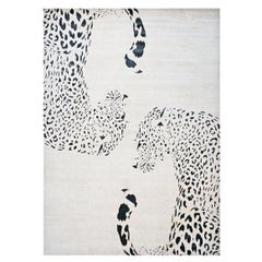 Modern Wool & Silk 10x14 Ivory & Black Jaguar Design Handmade Area Rug