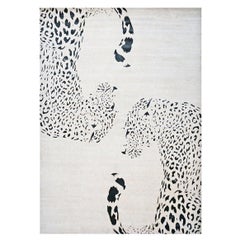 Modern Wool & Silk 10x14 Ivory & Black Jaguar Design Handmade Area Rug