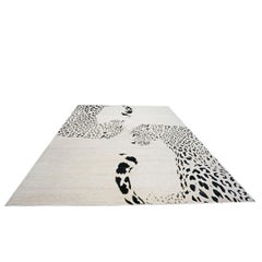 Modern Wool & Silk 9x14 Ivory & Black Jaguar Design Handmade Area Rug