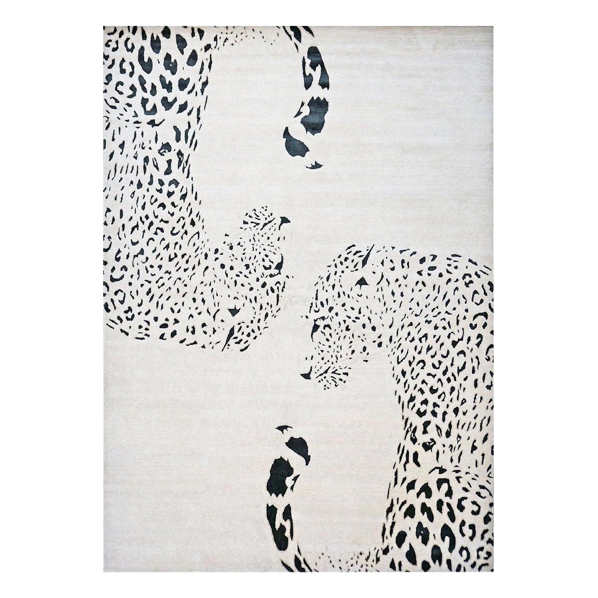 Moderner handgefertigter Teppich aus Wolle und Seide, 9x14, elfenbeinfarben und schwarz, Jaguar Design