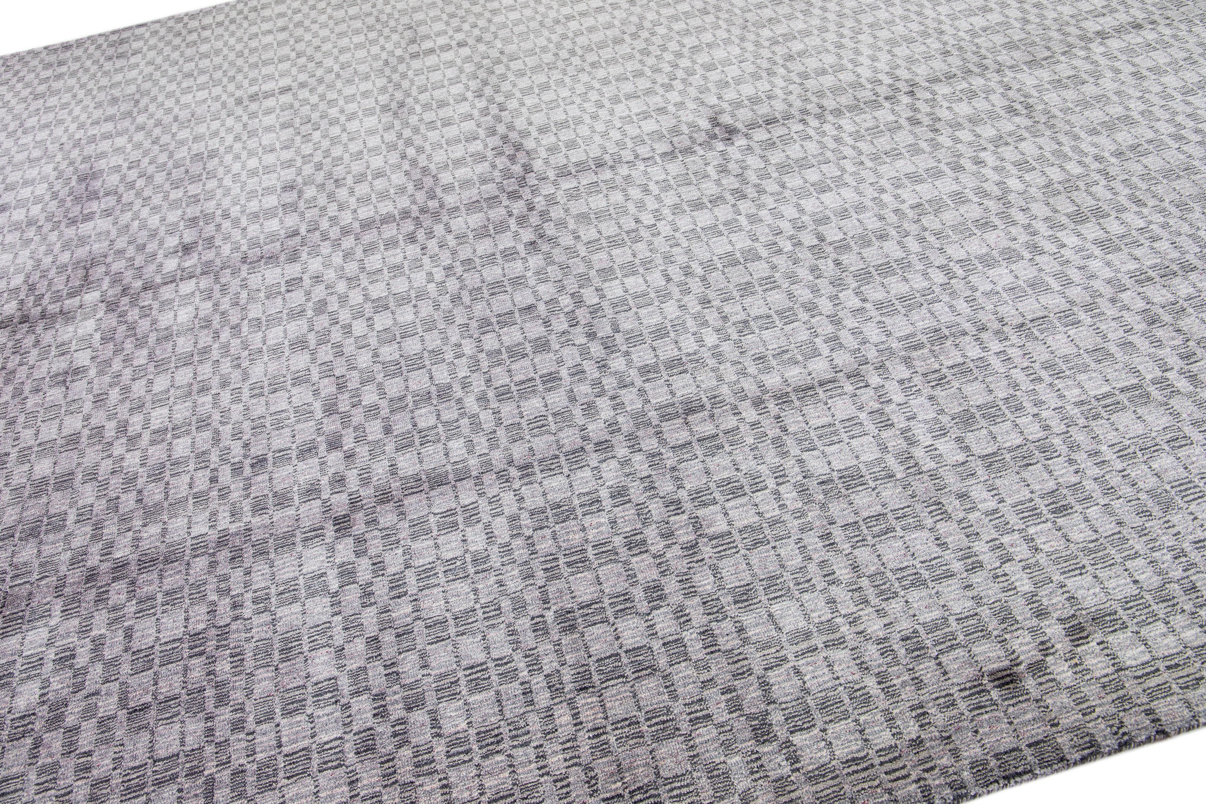 Afghan Modern Wool & Silk Gray Rug Handmade with Geometric Design For Sale