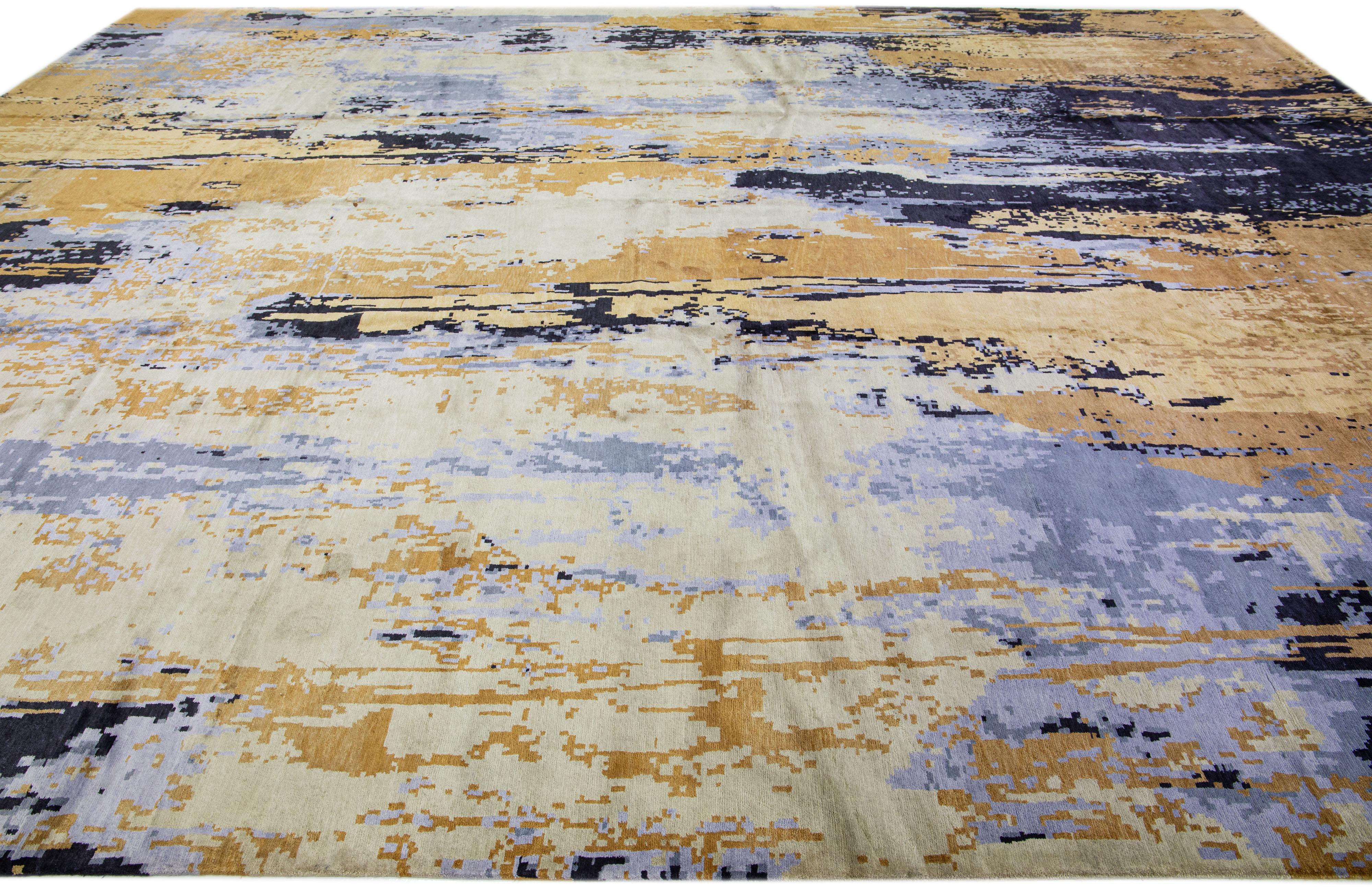 Hand-Knotted Modern Wool & Silk Rug with Golden Abstract Design For Sale
