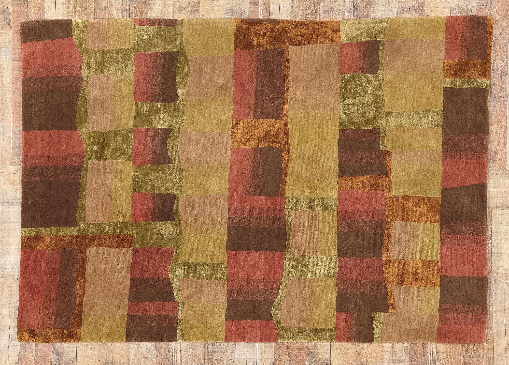 Modern Wool & Silk Tibetan Rug, Cubist Style Meets Earth-Tone Elegance 5