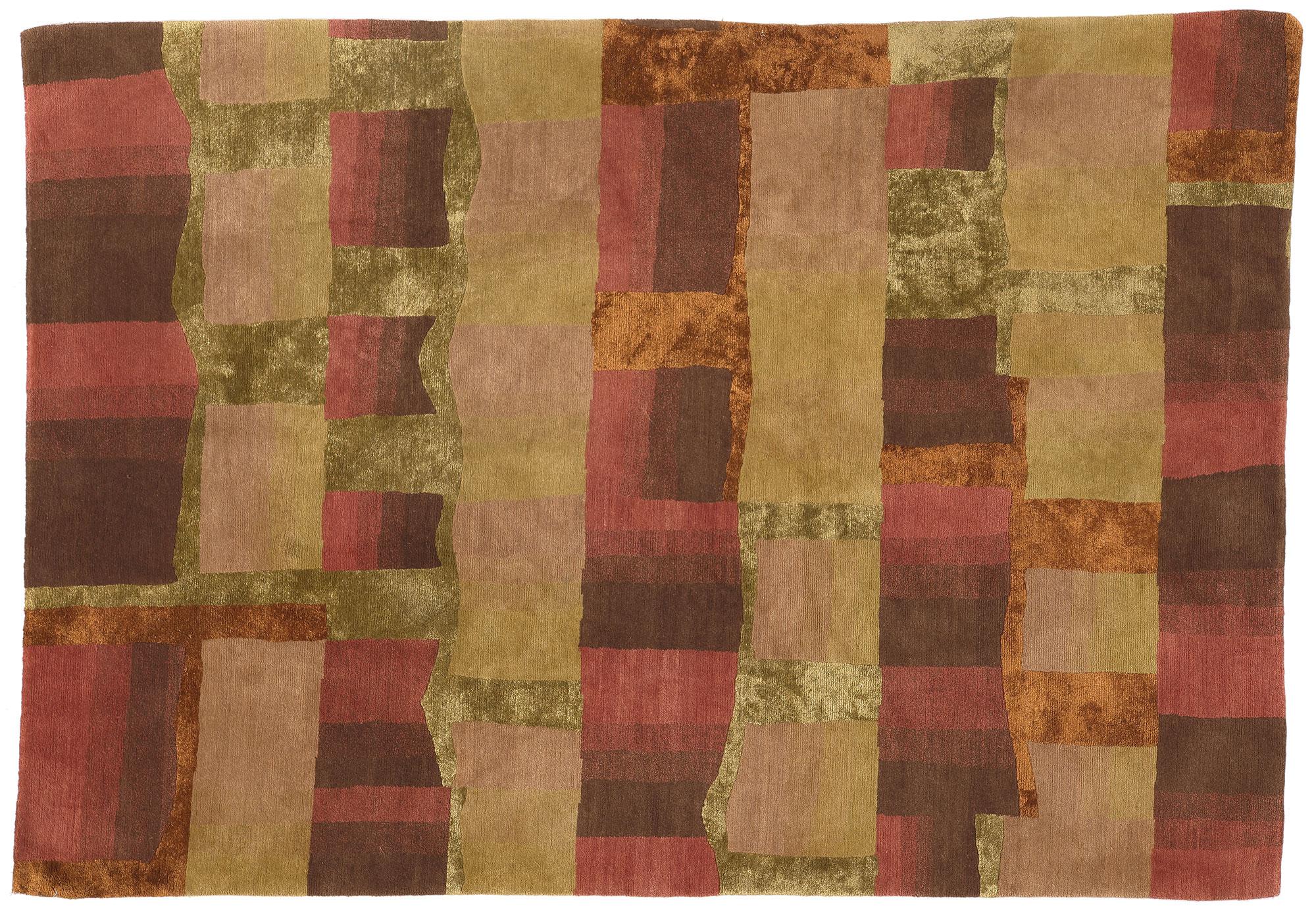 Modern Wool & Silk Tibetan Rug, Cubist Style Meets Earth-Tone Elegance For Sale 6