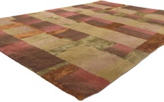 Modern Wool & Silk Tibetan Rug, Cubist Style Meets Earth-Tone Elegance