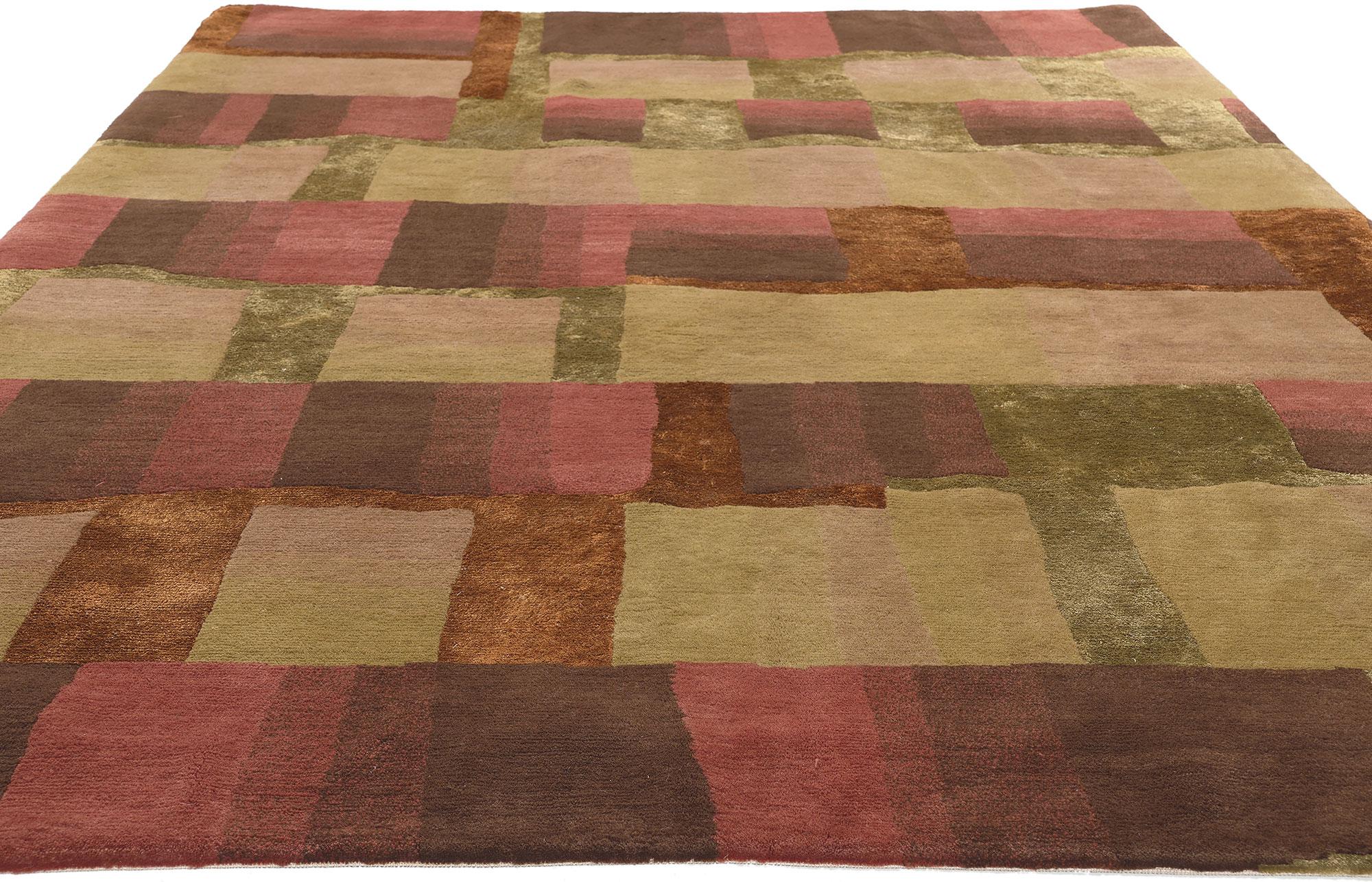 Hand-Knotted Modern Wool & Silk Tibetan Rug, Cubist Style Meets Earth-Tone Elegance