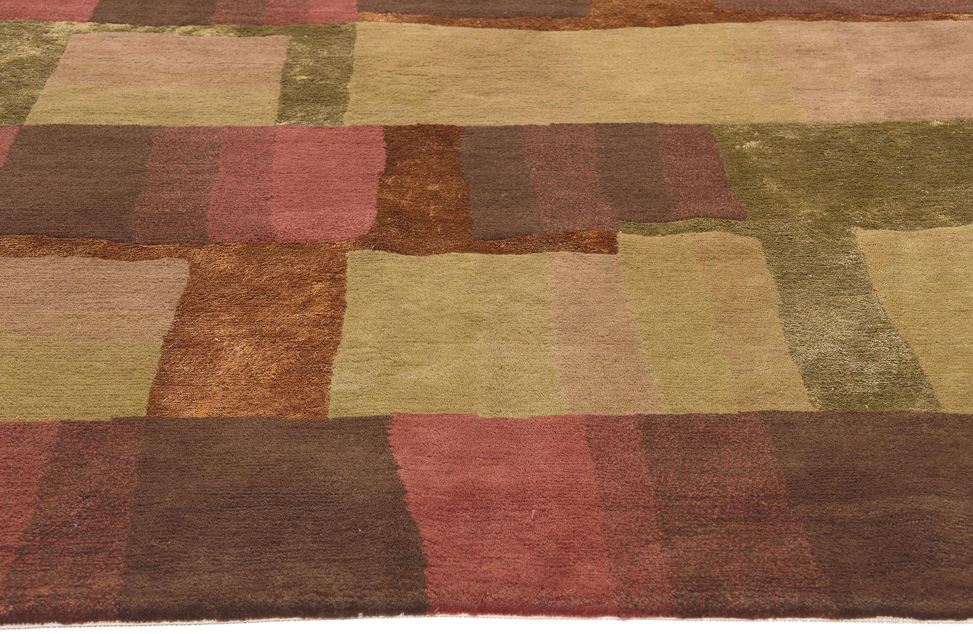 Modern Wool & Silk Tibetan Rug, Cubist Style Meets Earth-Tone Elegance In Good Condition For Sale In Dallas, TX