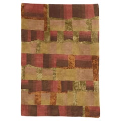 Modern Wool & Silk Tibetan Rug, Cubist Style Meets Earth-Tone Elegance