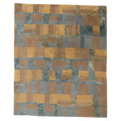 Modern Wool & Silk Tibetan Rug, Cubist Style Meets Earth-Tone Elegance