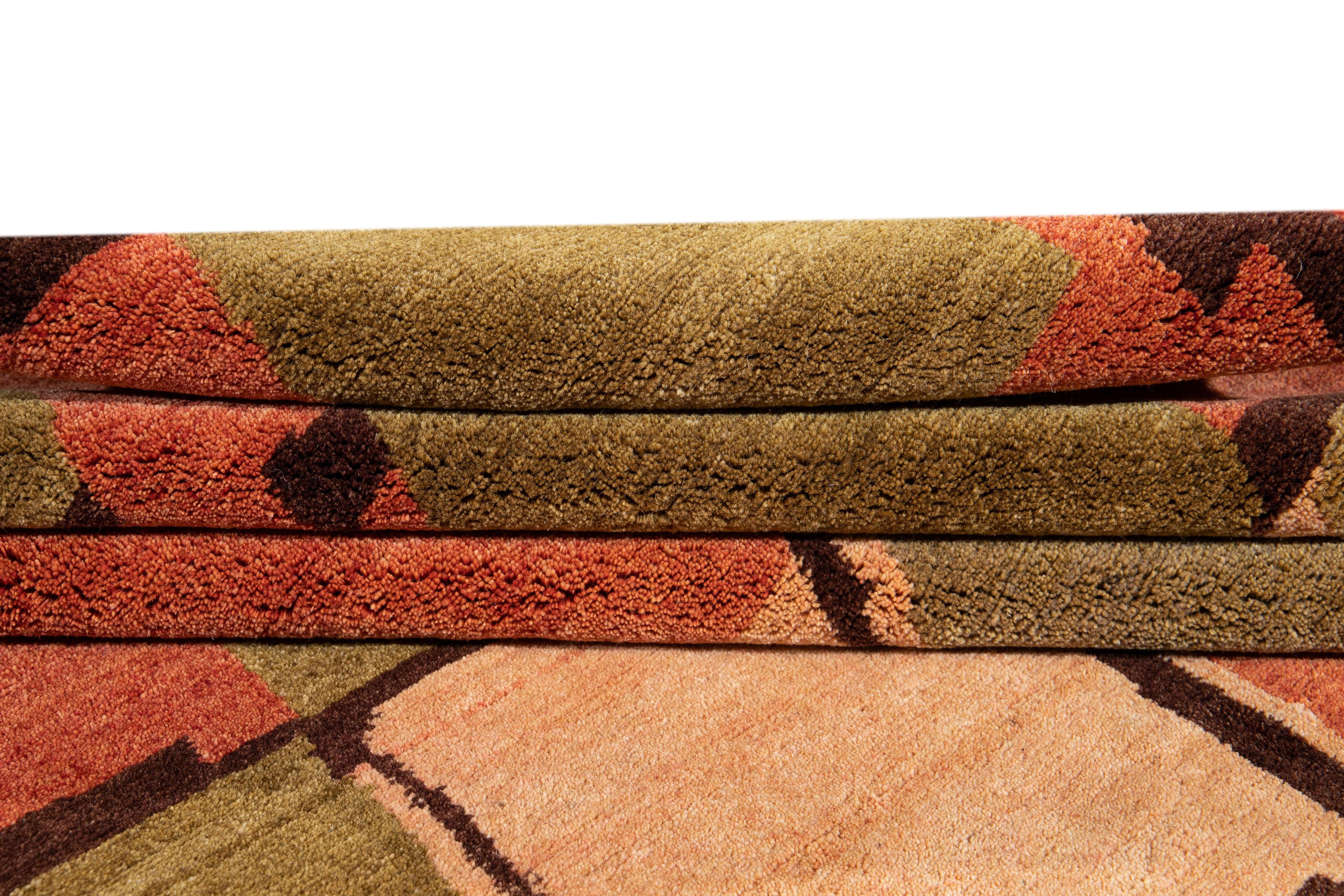 Modern Wool & Silk Tibetan Rug with Geometric Design in Green & Orange For Sale 1