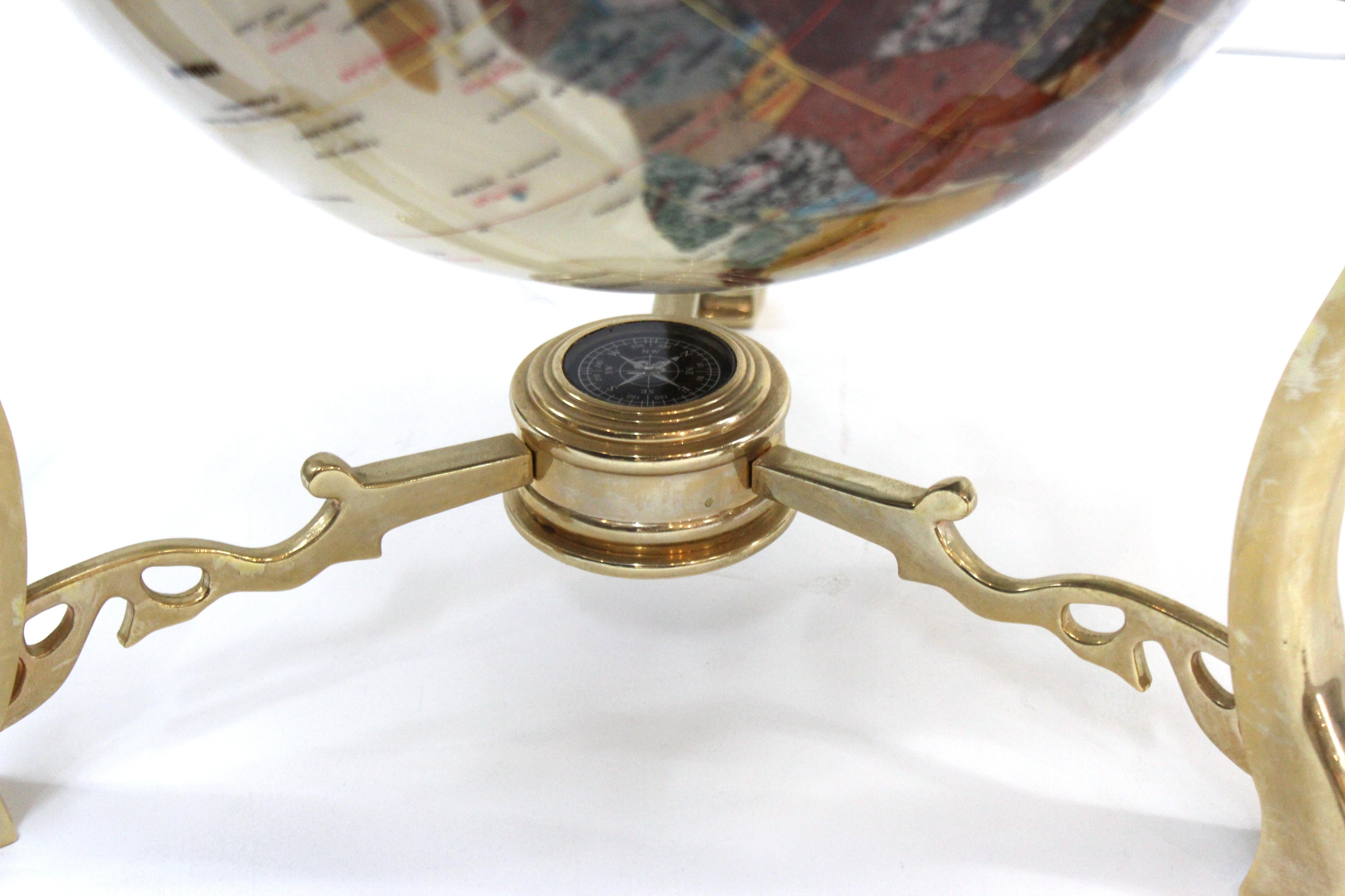 Late 20th Century Modern World Globe in Semi-Precious Stone on Brass Stand