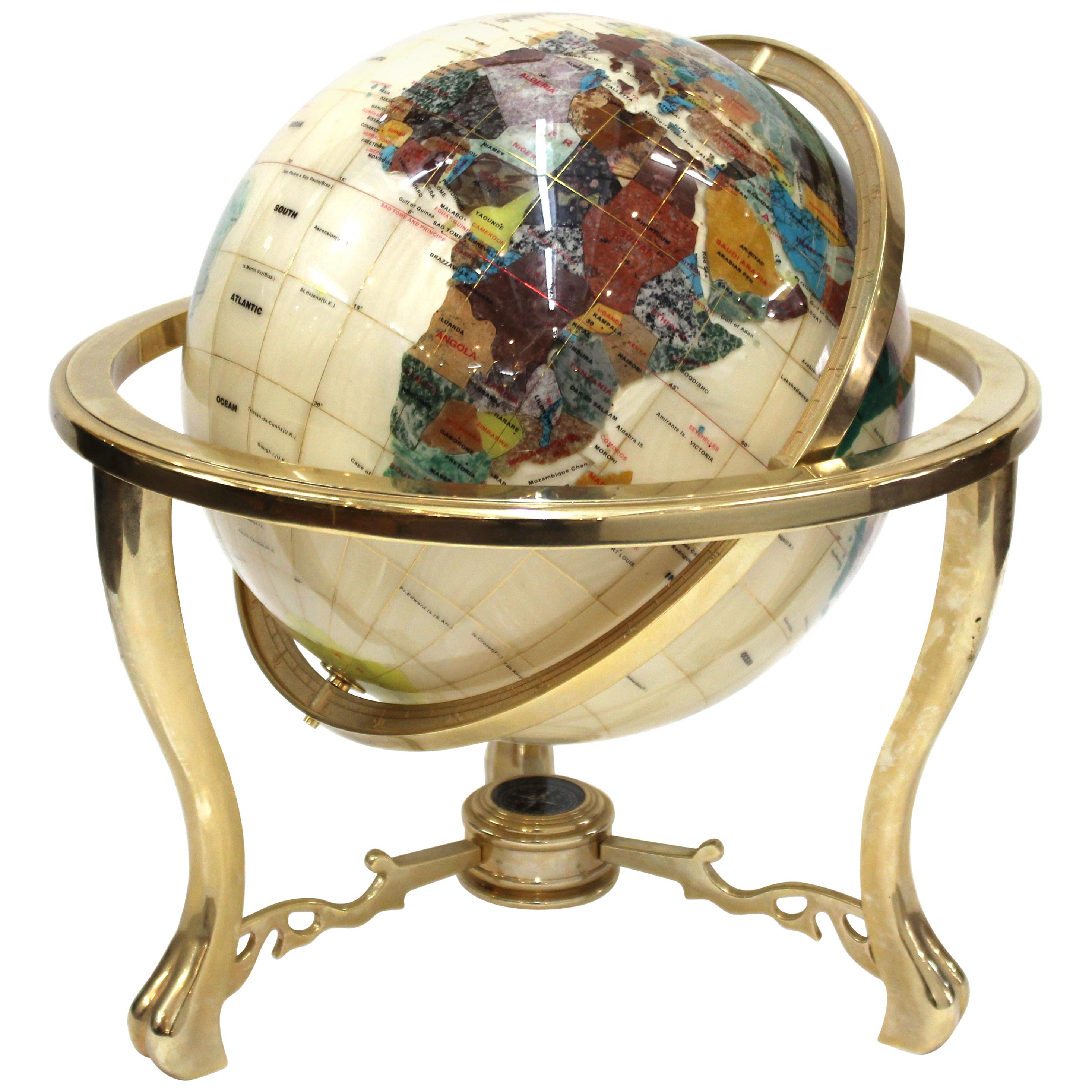 Modern World Globe in Semi-Precious Stone on Brass Stand