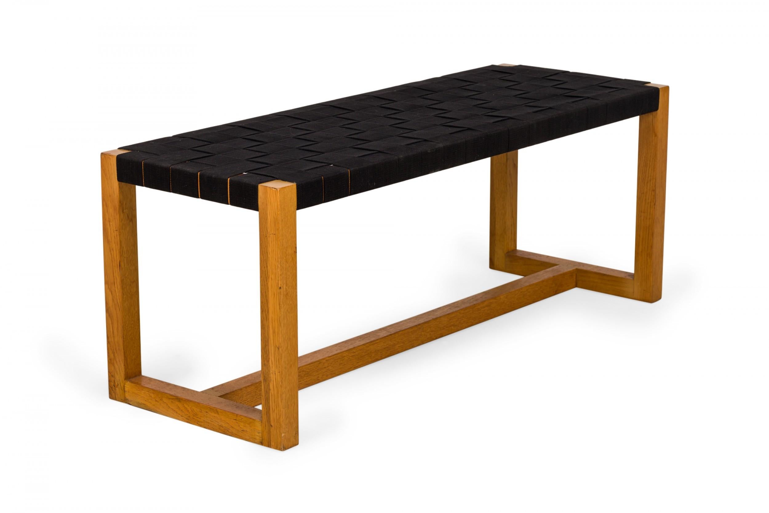 Mid-Century Modern Modern Woven Black Webbing and Bleached Walnut Rectangular Bench For Sale