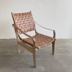 Modern Woven Leather Strap Teak Wood Chair