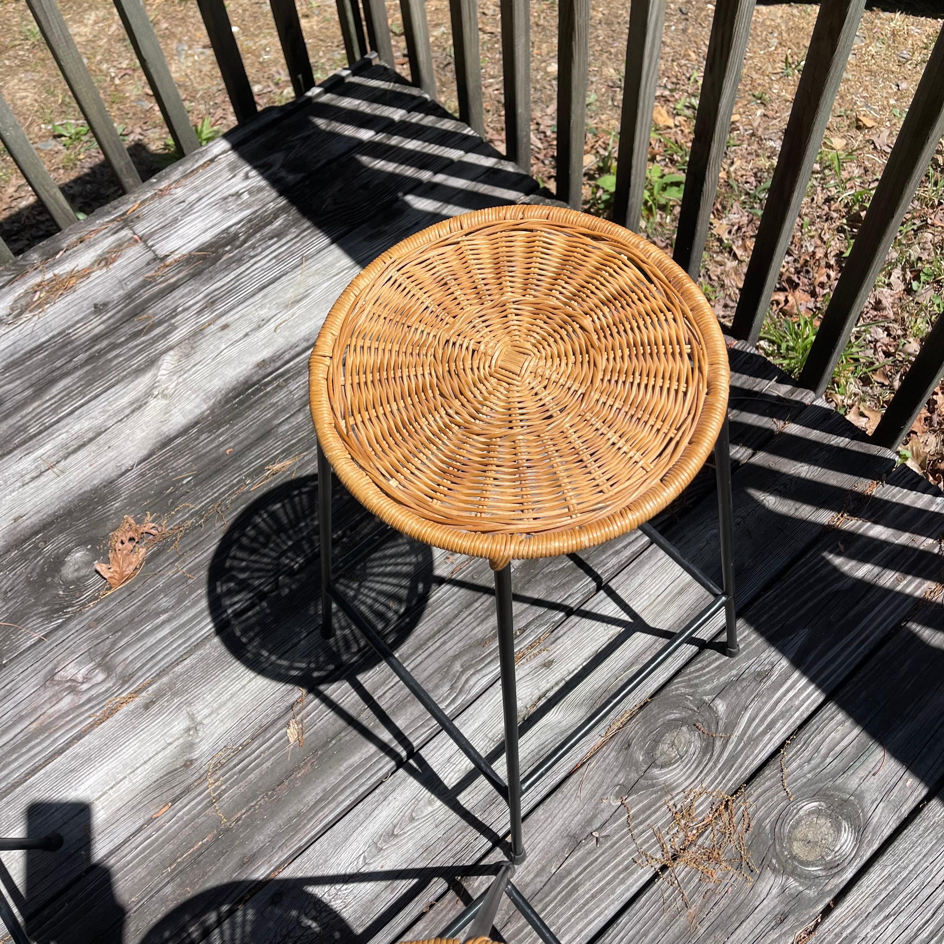 Modern Woven Wicker Iron Counter Height Bar Stools, Set of 3 In Good Condition For Sale In Jensen Beach, FL