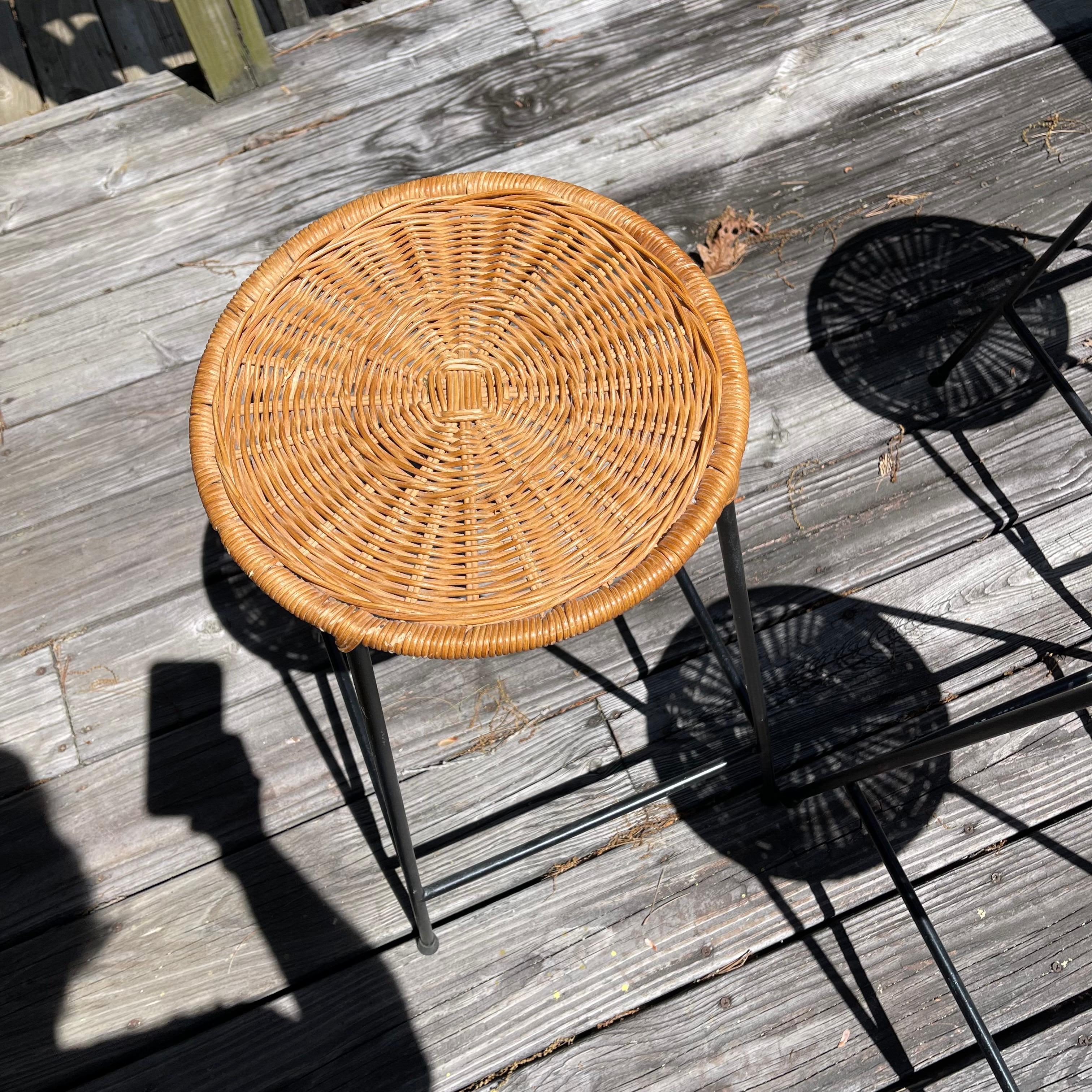 20th Century Modern Woven Wicker Iron Counter Height Bar Stools, Set of 3 For Sale