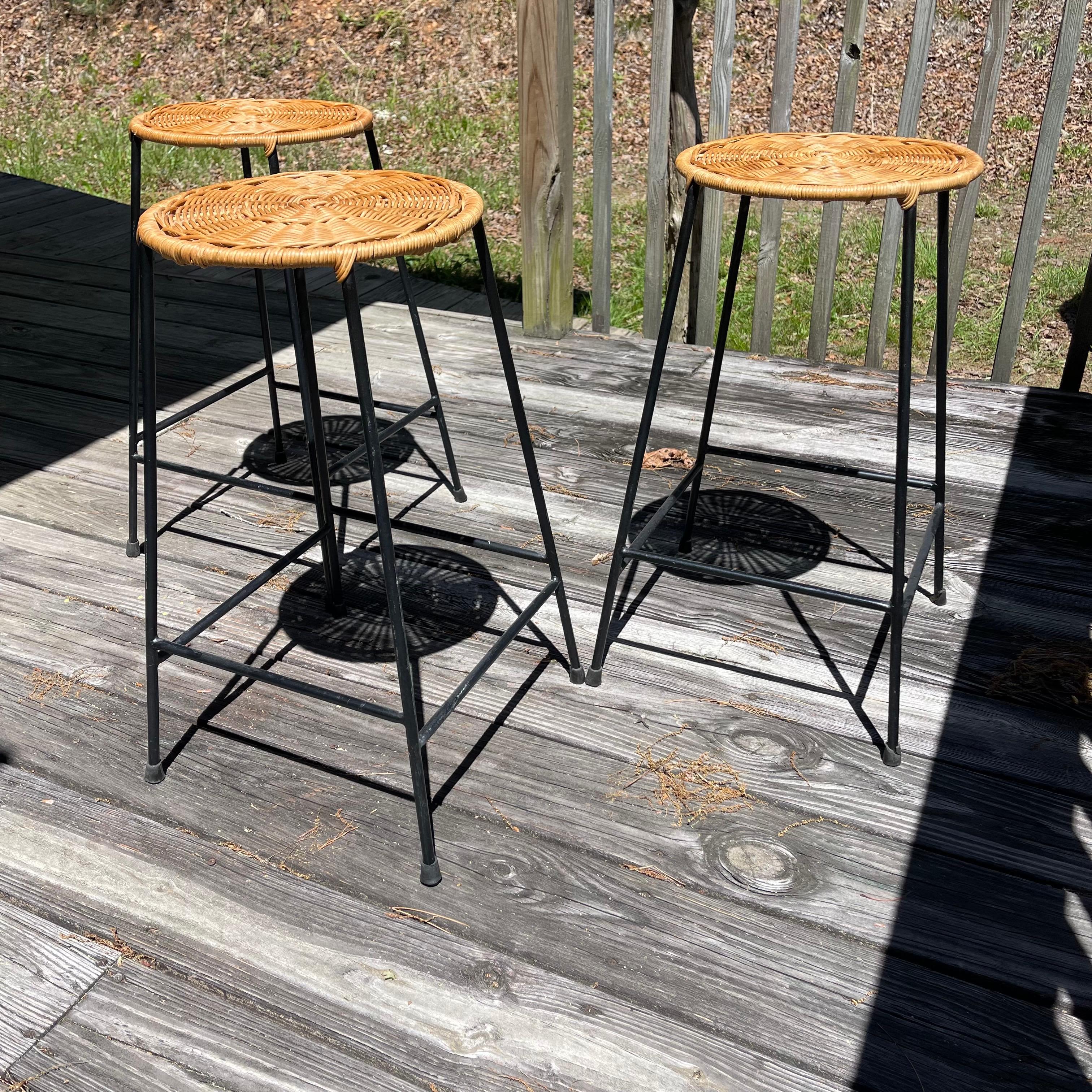 Modern Woven Wicker Iron Counter Height Bar Stools, Set of 3 For Sale 1