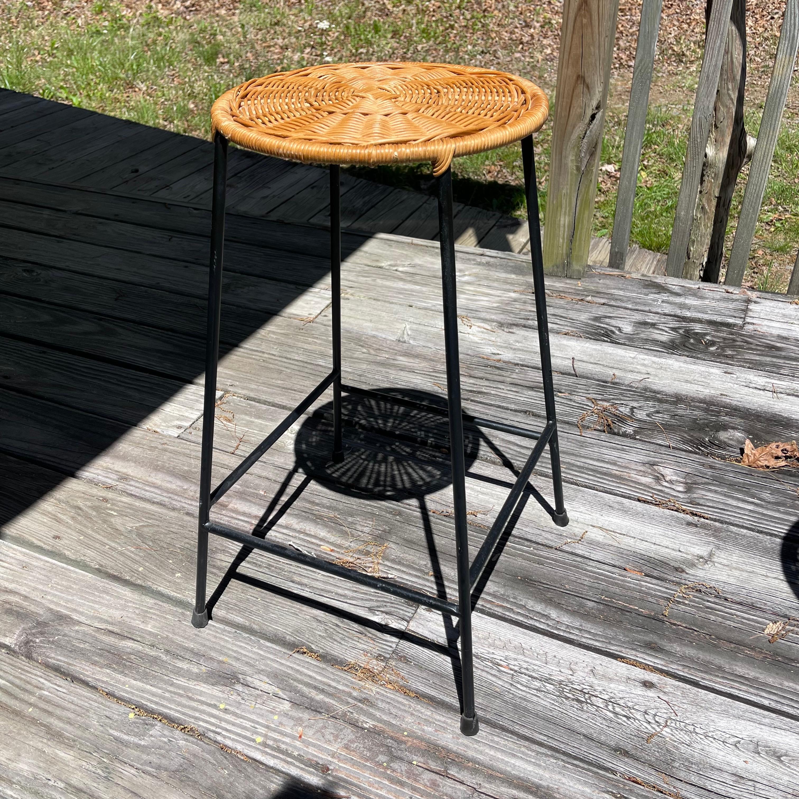 Modern Woven Wicker Iron Counter Height Bar Stools, Set of 3 For Sale 2