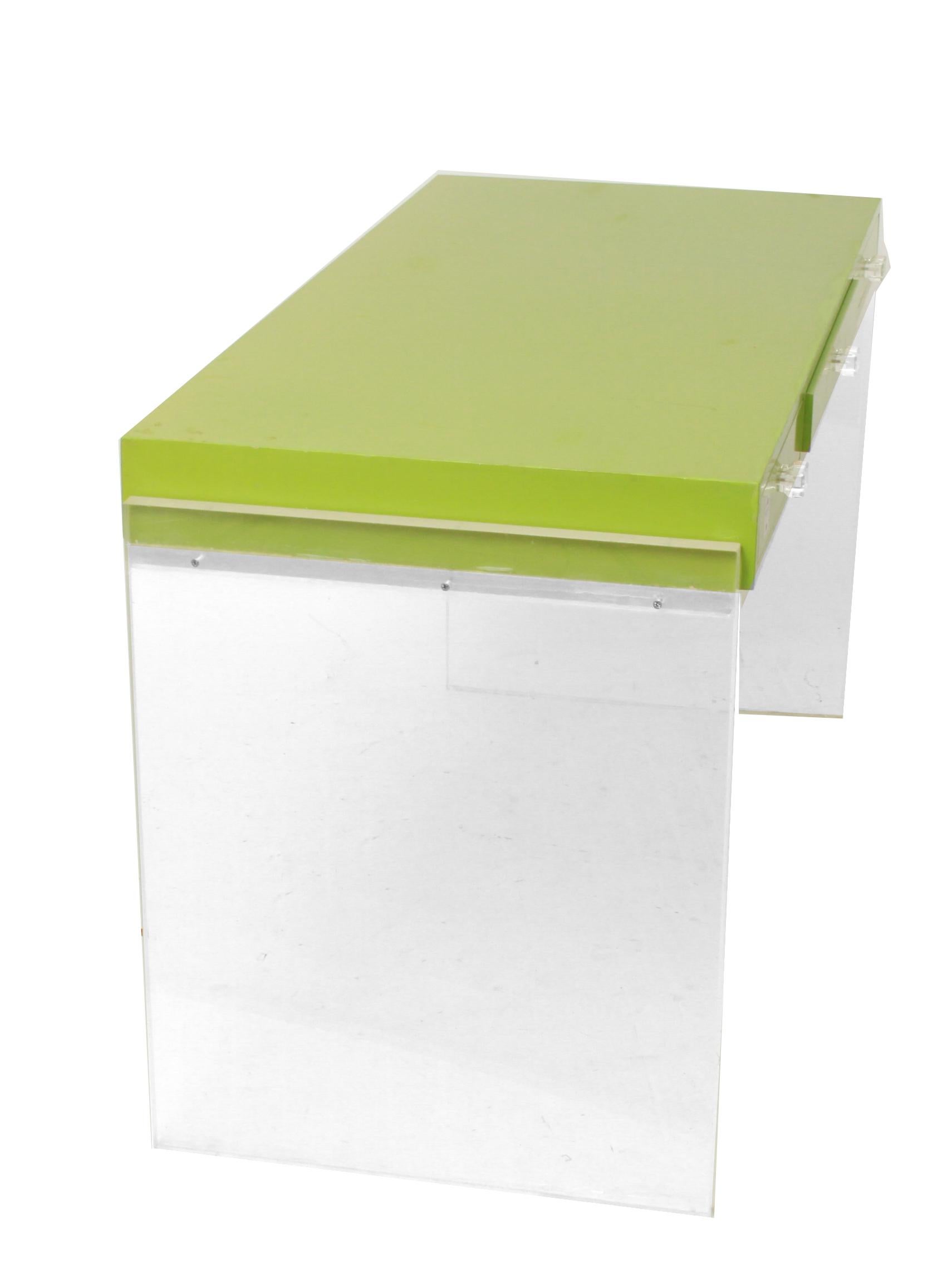 Modern Minimalist desk or writing desk in acrylic and green lacquer. The piece has three low drawers with acrylic pulls. In great vintage condition with age-appropriate wear and use.