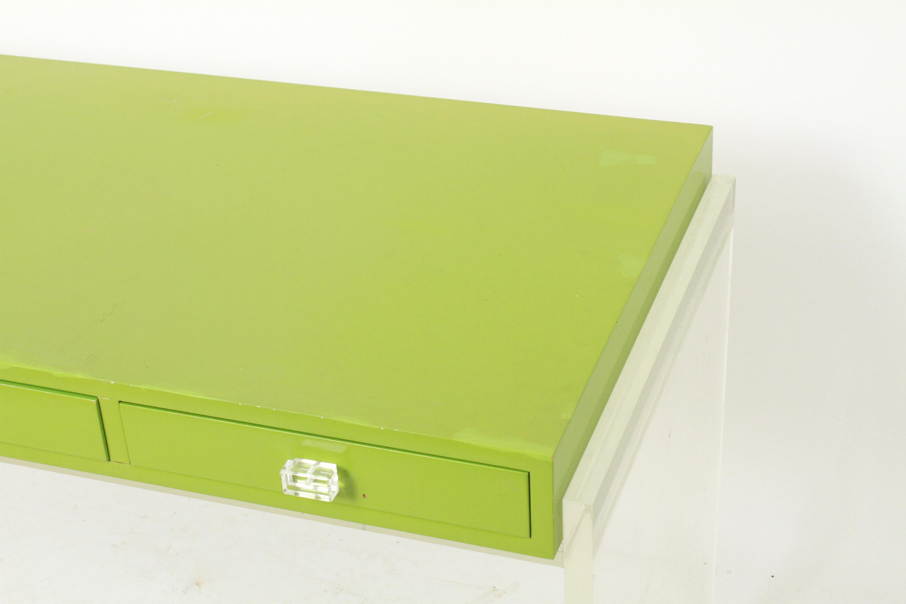 Hollywood Regency Modern Writing Desk in Acrylic and Green Lacquer