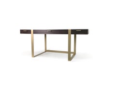 Modern Ebony Oak Writing Desk with Antique Brass Wrap Base, Three Drawers