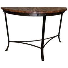 Modern Wrought Iron and Repurposed Oak Demilune Console Table