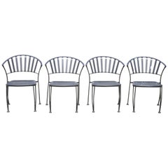 Vintage Modern Wrought Iron Barrel Back Sculptural Garden Patio Dining Chairs, Set of 4