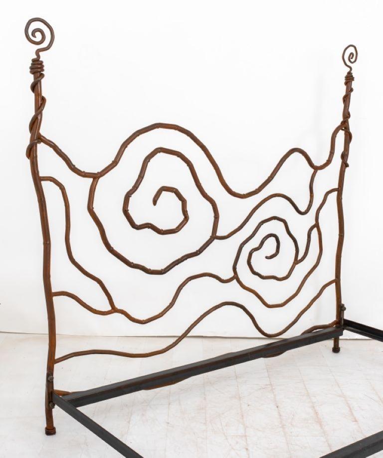 Modern Wrought Iron Patinated Brown Bed Frame with organic and twisted forms. Provenance: From a Riverside Drive Collection. 