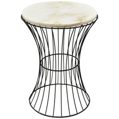 Modern Wrought Iron Hourglass Round Marble Top Metal Accent Side Table