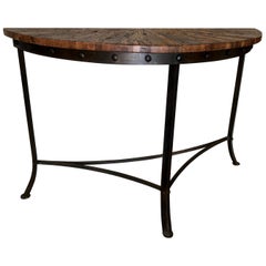 Modern Wrought Iron Repurposed Oak Demilune Console Table
