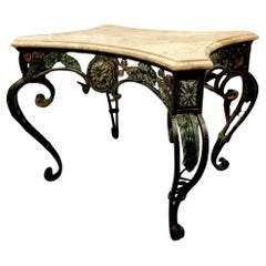 Table d'été moderne en fer forgé en marbre blanc et verre bleu, 20e siècle