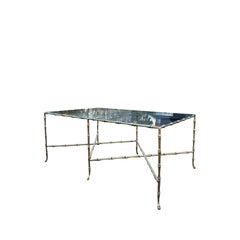 Modern X Base Brass Gilt Faux Bamboo Glass Coffee Table in Maison Bagues Style
